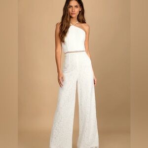 Lulus Romantic Atmosphere White Lace Halter Straight Leg Jumpsuit size small